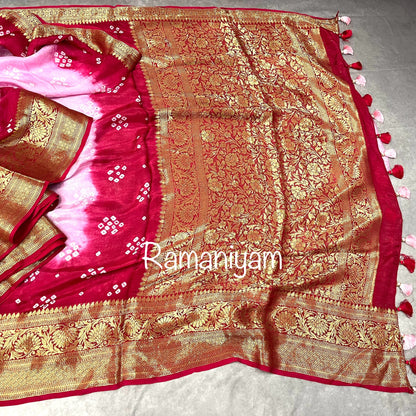 Rose pink bandhani crape saree