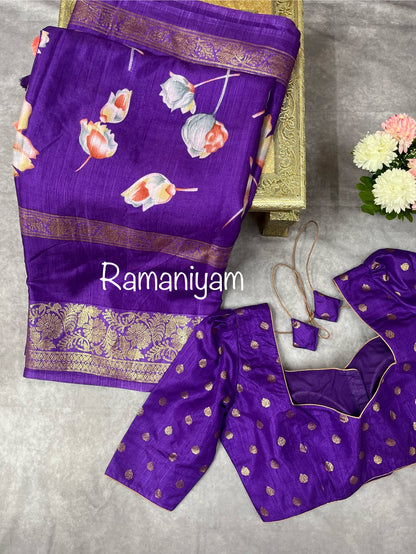 Purple floral print tussar saree