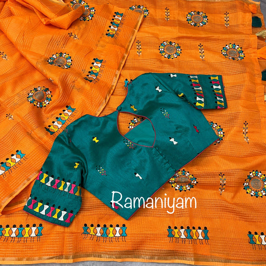 Orange Kota saree with warli embroidery