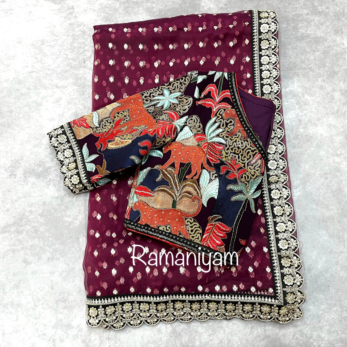 Magenta organza saree Sabhyasachi inspired Indian jungle concept thread work blouse