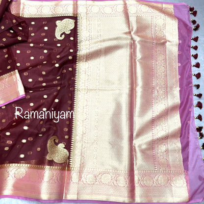 Maroon and rose pink Banarasi kora saree