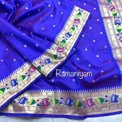 Royal blue lotus border paithani saree with hand work blouse