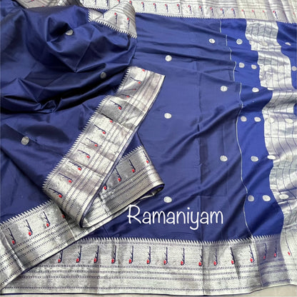 Navy blue Paithani saree with silver Muniya borders