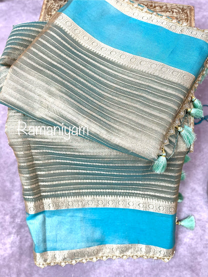 Banarasi Tissue Lines Saree with fancy lace border