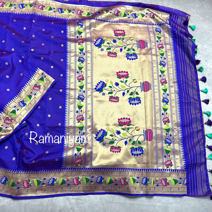 Royal blue lotus border paithani saree with hand work blouse