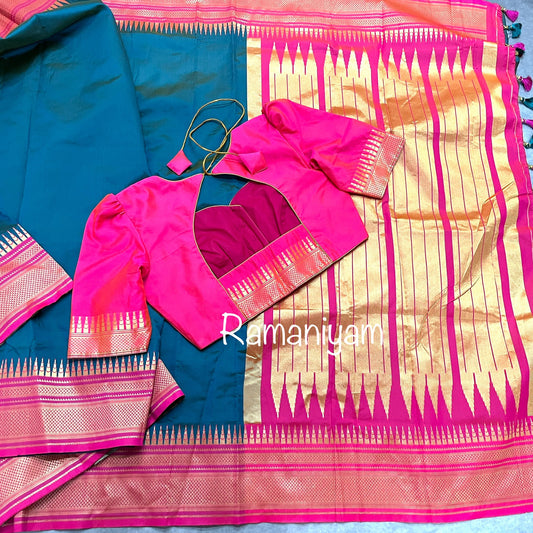 Rama blue and royal pink paithani saree