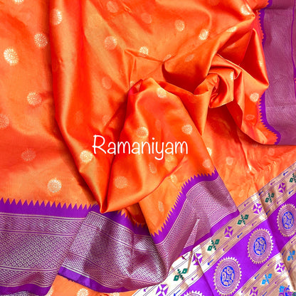 Orange and purple-pink combination Maharani Paithani saree