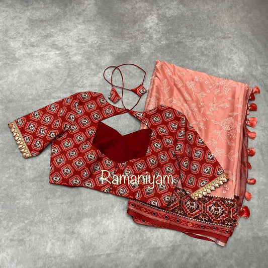 Coral pink Patola Chikankari smooth georgette saree