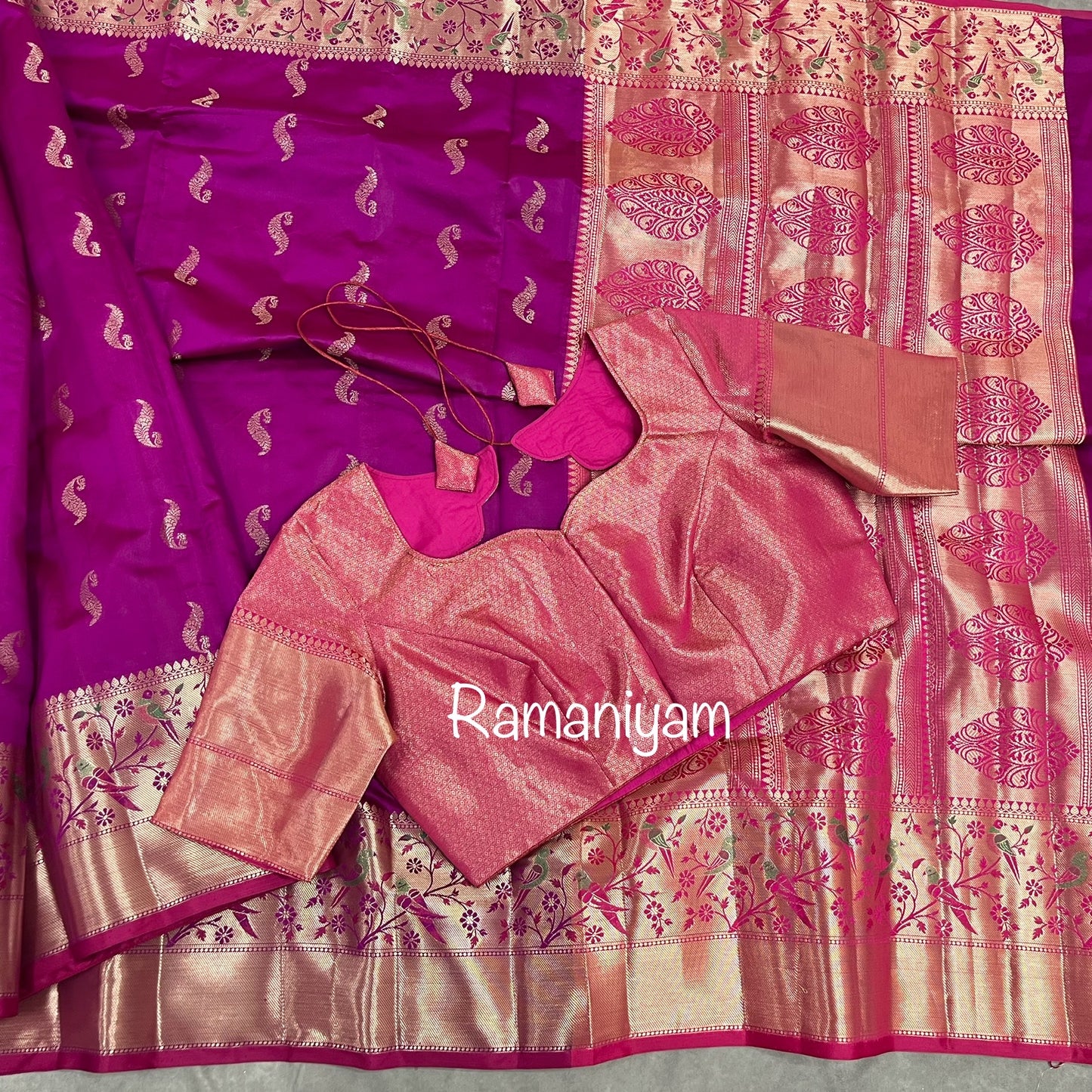 Magenta Banarasi saree with Paithani borders