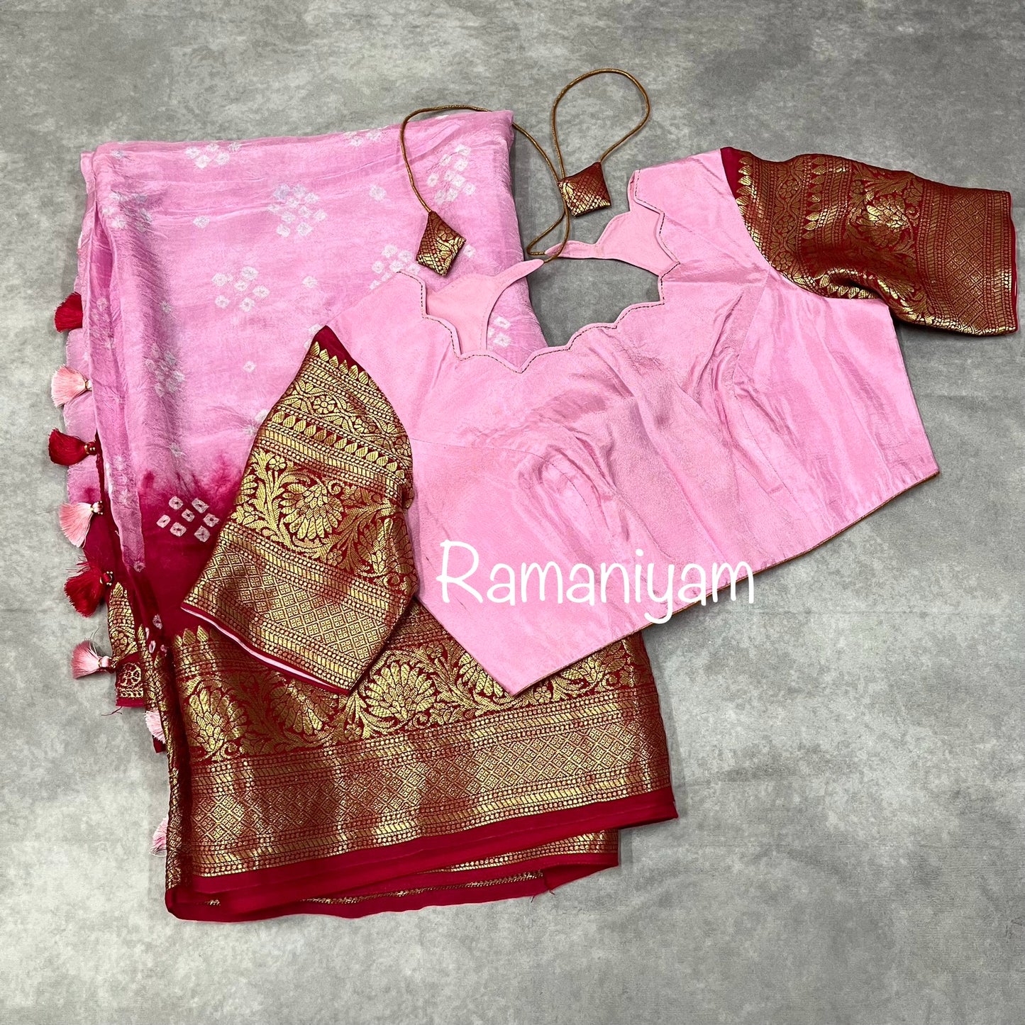 Rose pink bandhani crape saree
