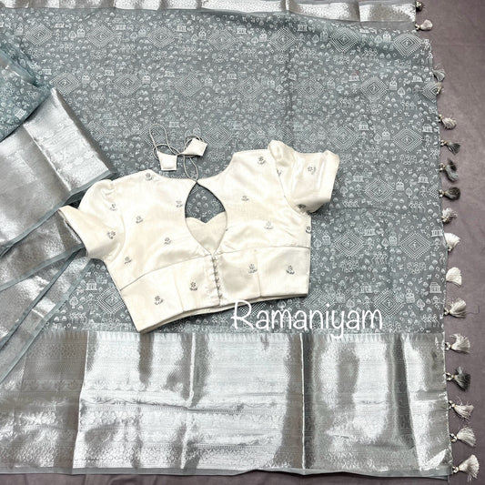 Warli painting block printed Grey Organza lightweight saree