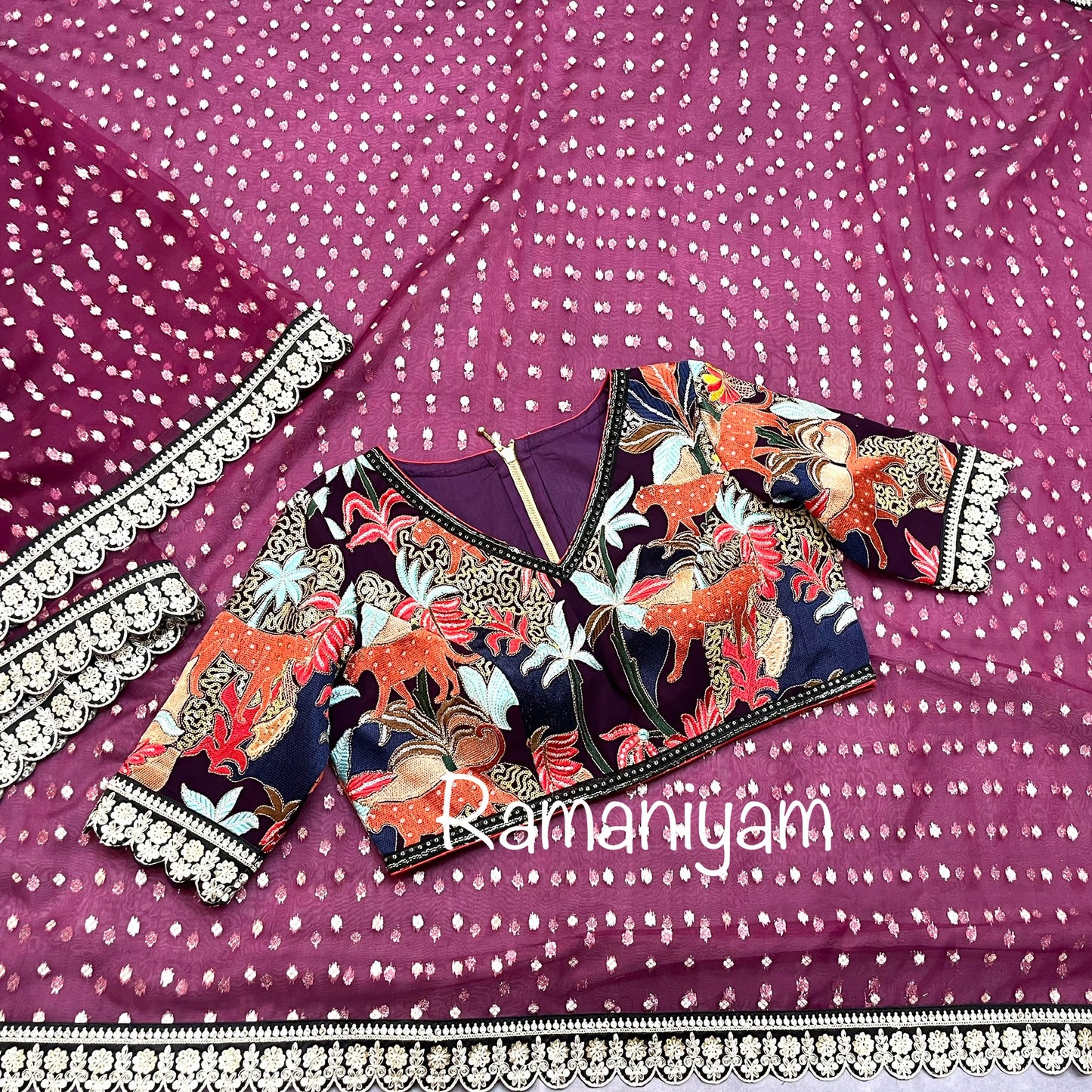 Magenta organza saree Sabhyasachi inspired Indian jungle concept thread work blouse