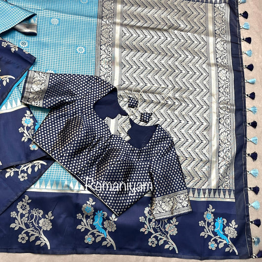 Soft Banarasi dola silk saree in light and navy blue