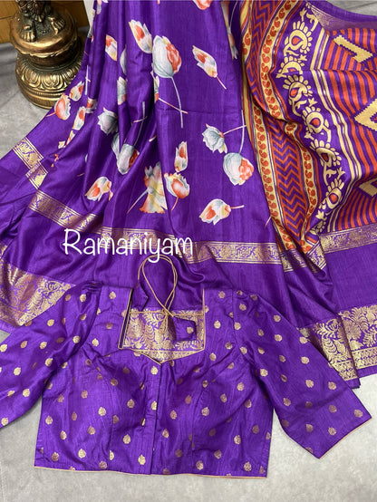 Purple floral print tussar saree