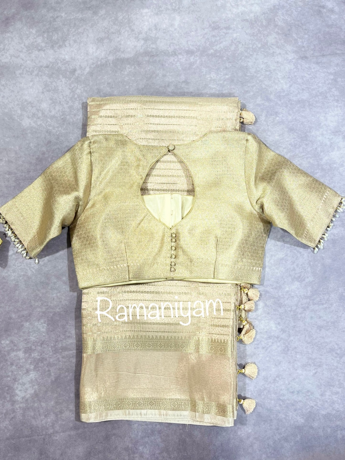 Banarasi tissue lines saree with designer blouse with pearls hangings for sleeves