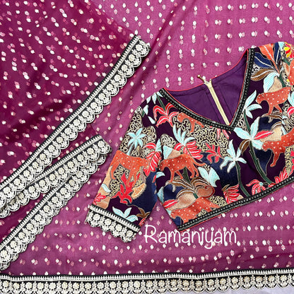 Magenta organza saree Sabhyasachi inspired Indian jungle concept thread work blouse