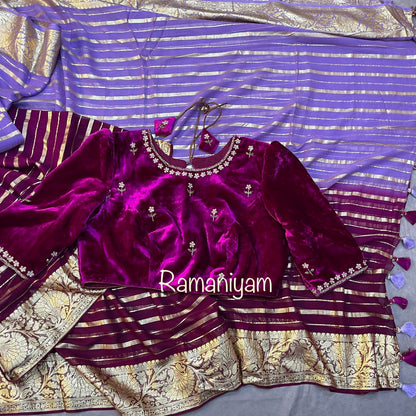 Dual shade of purple and lavender Banarasi georgette saree and velvet blouse