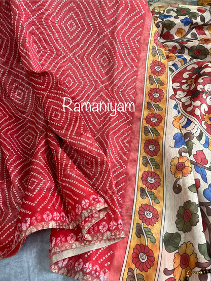 Peach red Organza Bandhani saree with a Kalamkari pallu