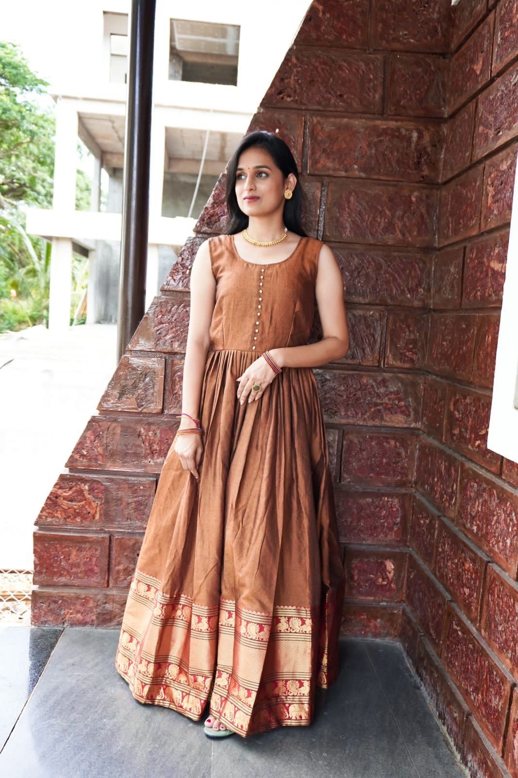 Peach Narayanpet SemiSilk Long Dress – myRiti