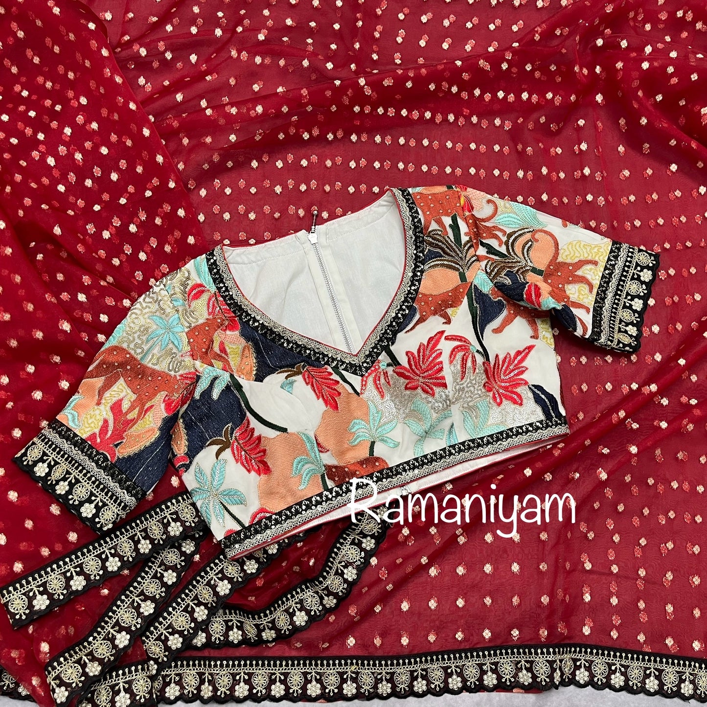 Red organza saree Sabhyasachi inspired Indian jungle concept thread work blouse