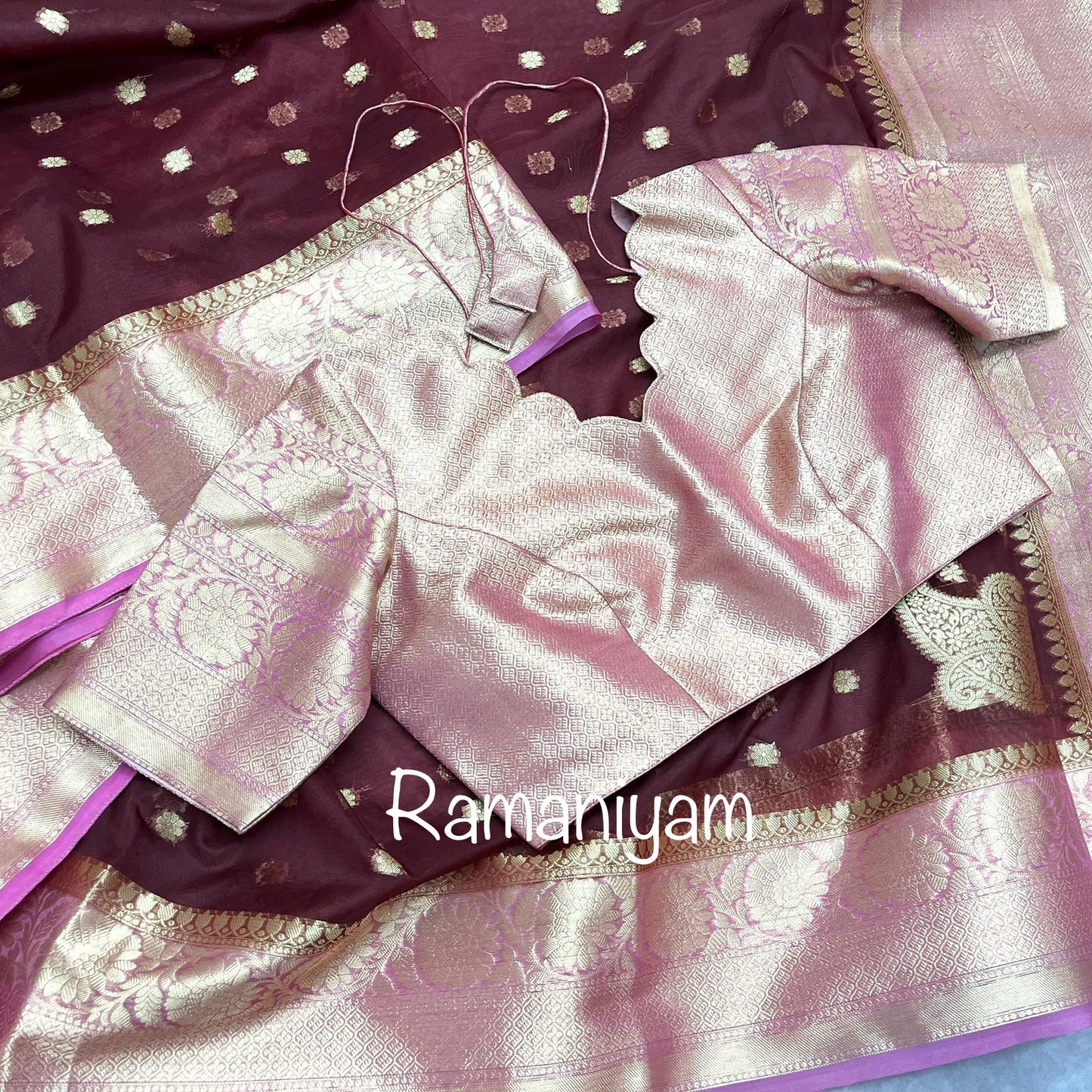 Maroon and rose pink Banarasi kora saree