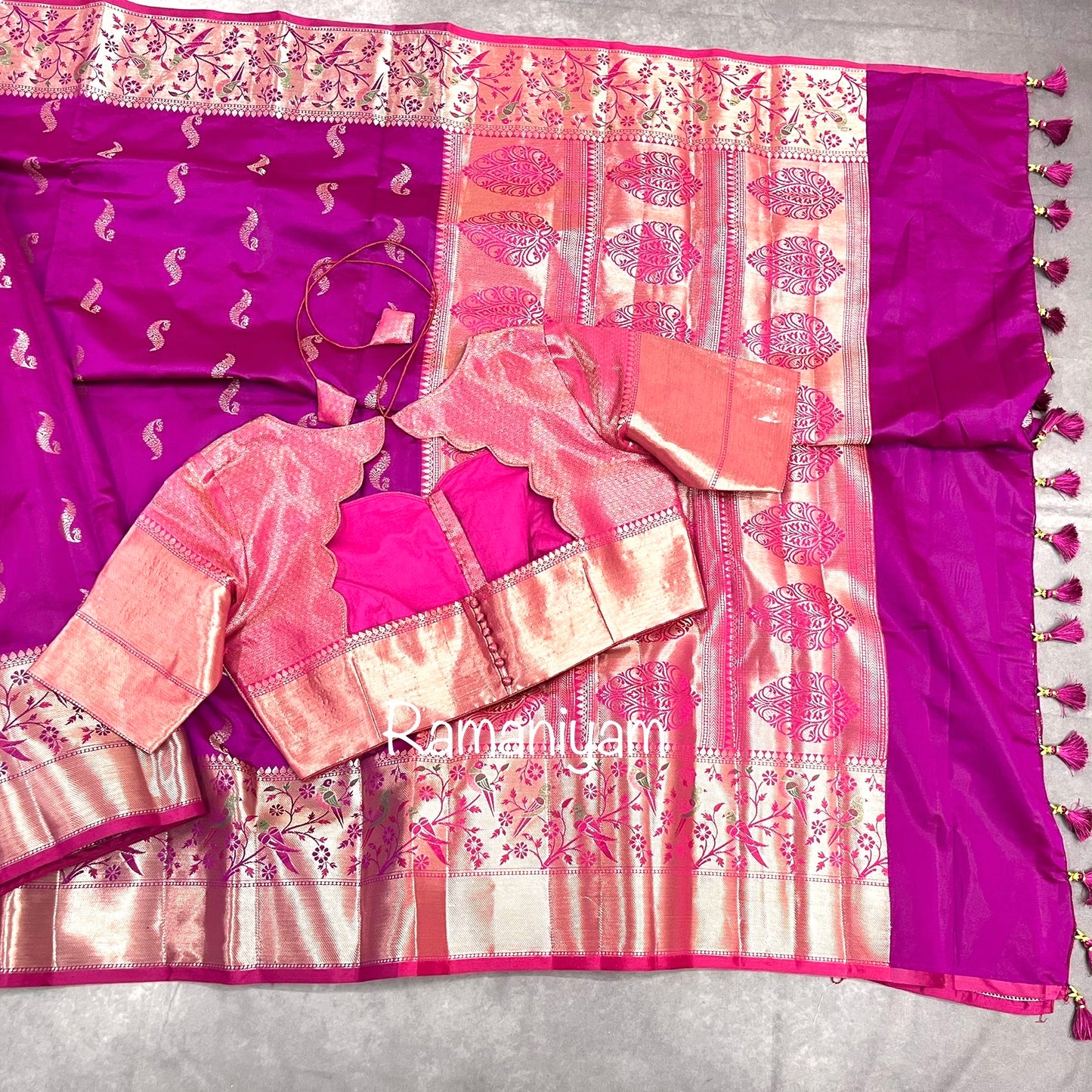 Magenta Banarasi saree with Paithani borders