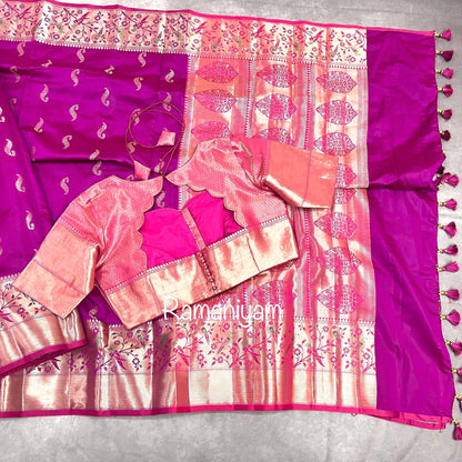 Magenta Banarasi saree with Paithani borders