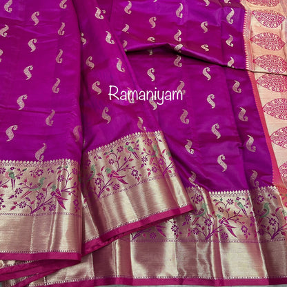 Magenta Banarasi saree with Paithani borders