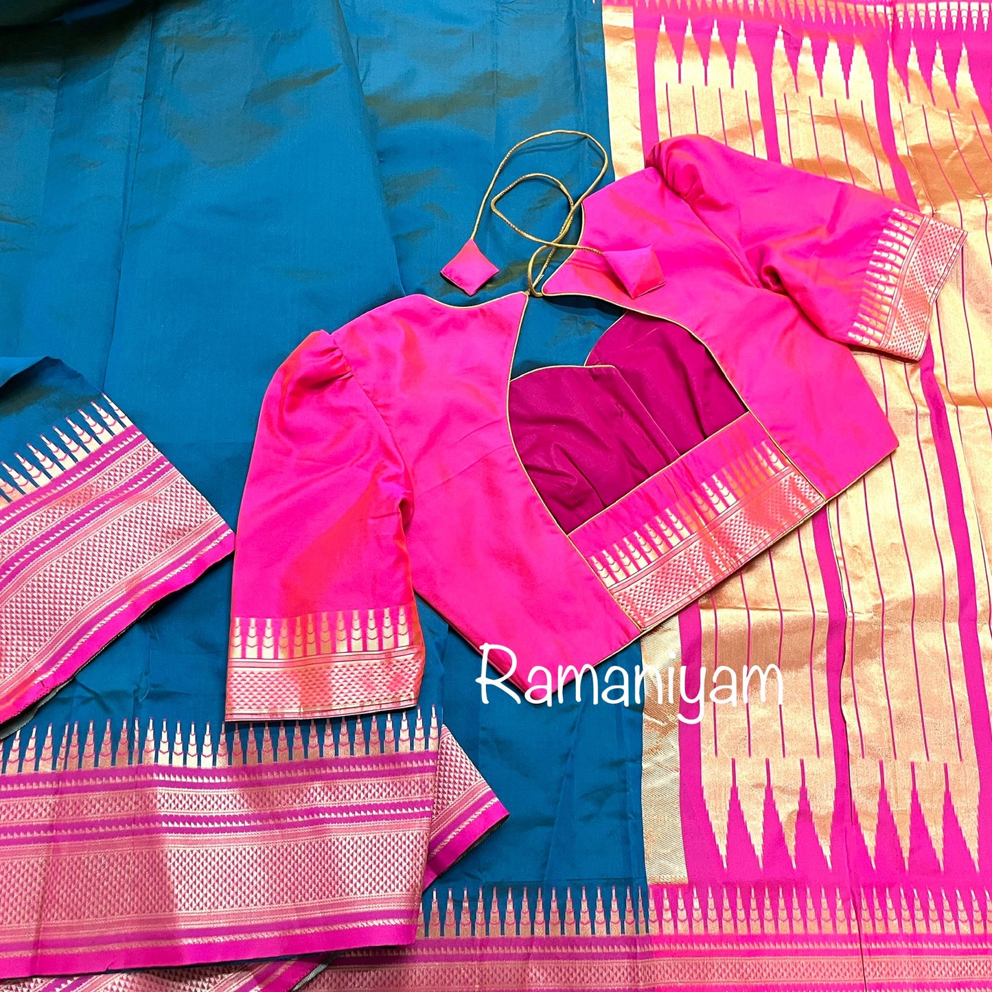 Rama blue and royal pink paithani saree