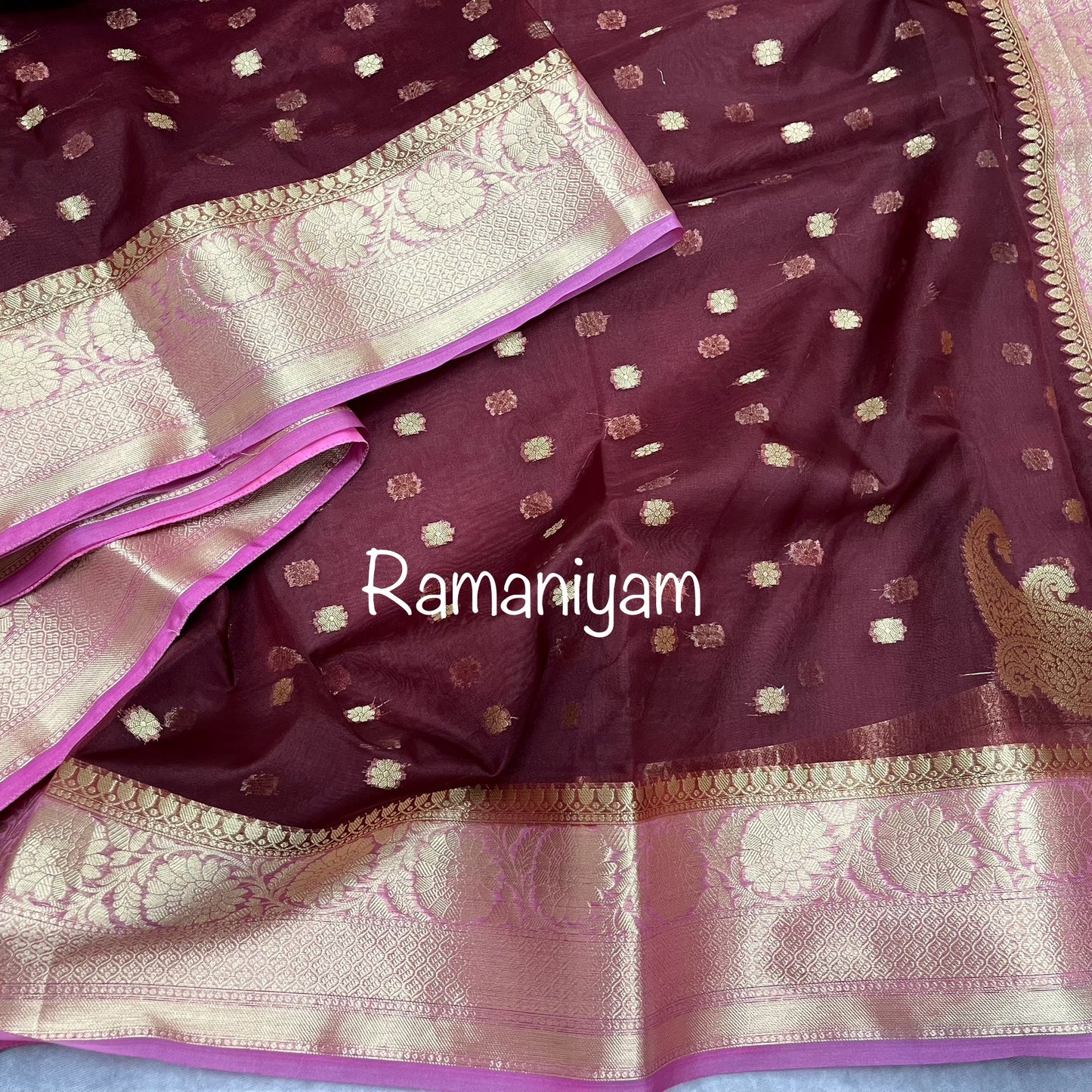 Maroon and rose pink Banarasi kora saree