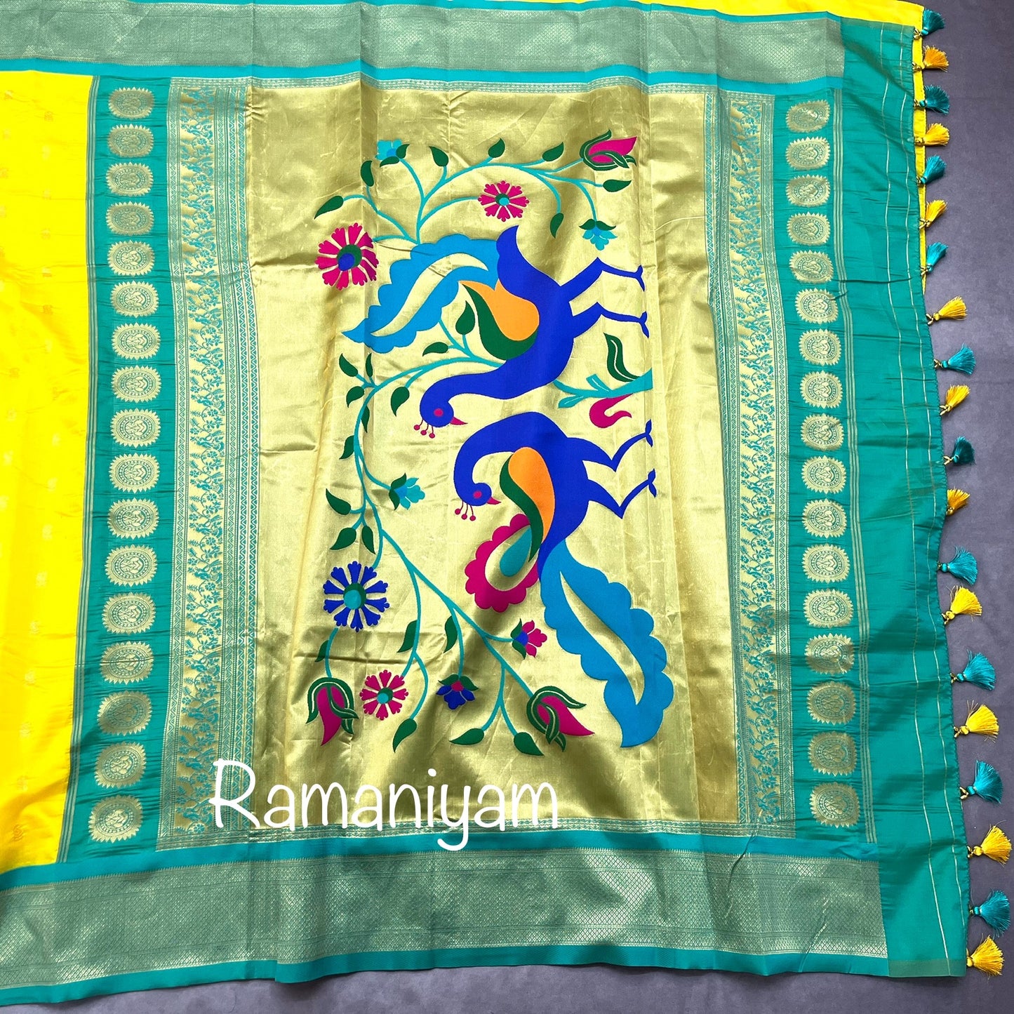 Lime yellow and sea blue maharani Paithani saree