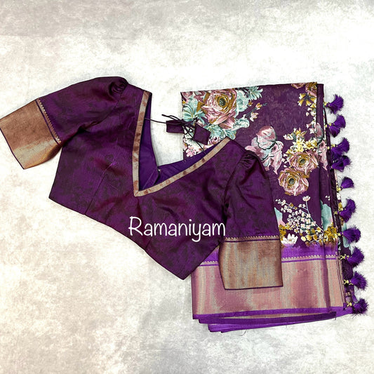 Purple floral print tussar saree