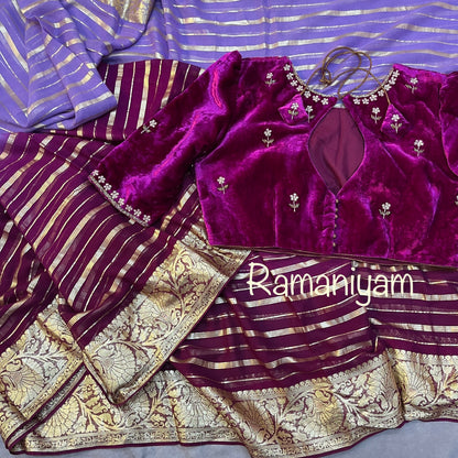 Dual shade of purple and lavender Banarasi georgette saree and velvet blouse