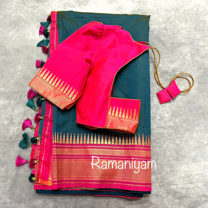 Rama blue and royal pink paithani saree