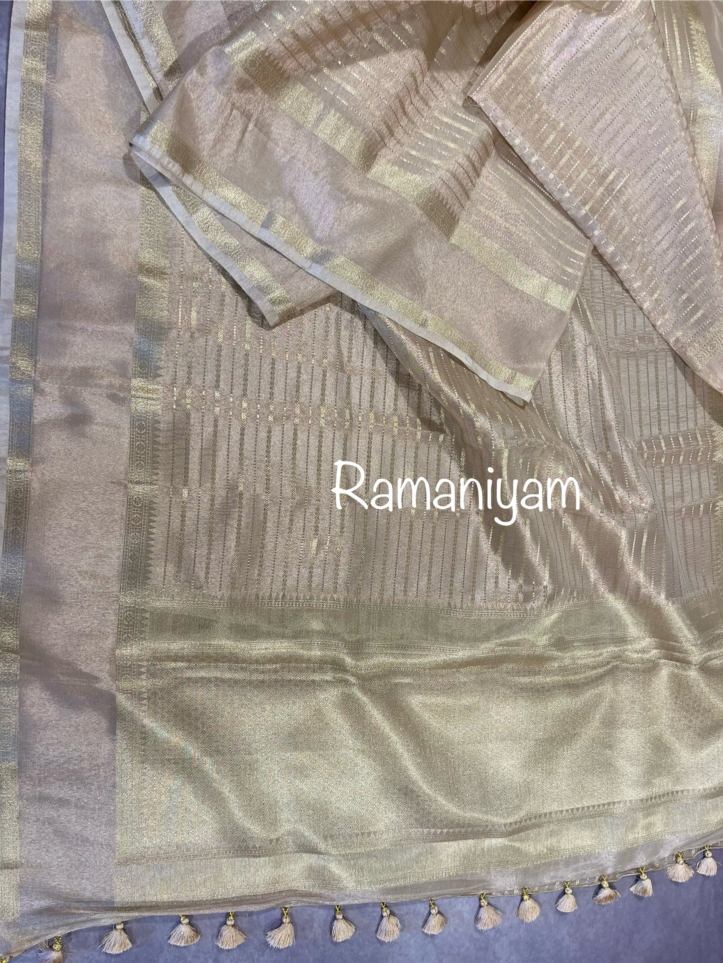 Banarasi tissue lines saree with designer blouse with pearls hangings for sleeves