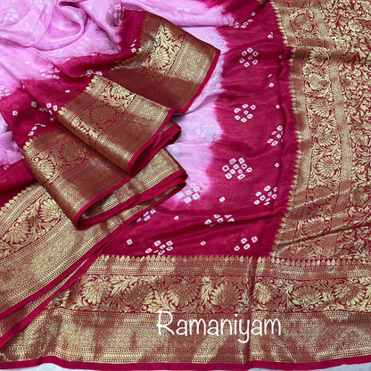 Rose pink bandhani crape saree