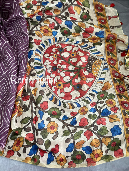 Wine color Organza Bandhani saree with a Kalamkari pallu