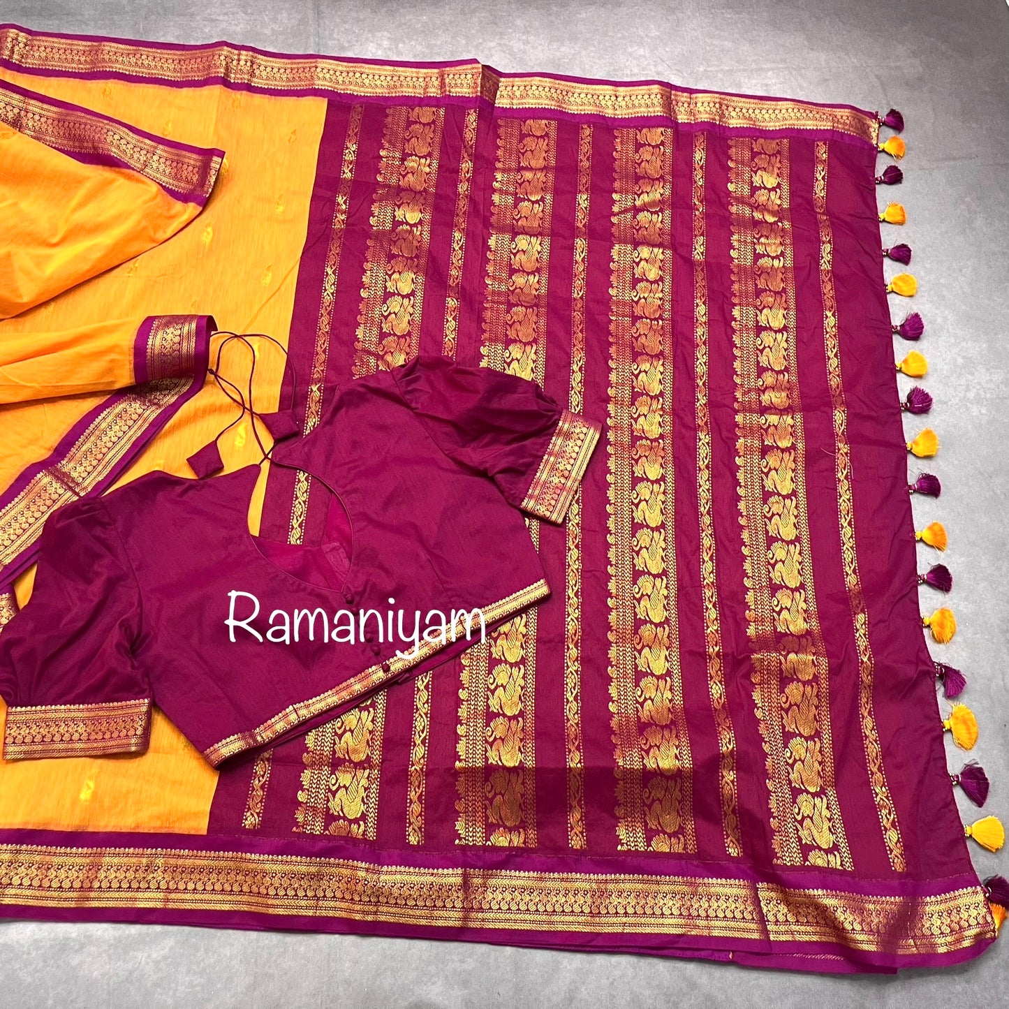 Turmeric yellow and magenta Gadwal handloom