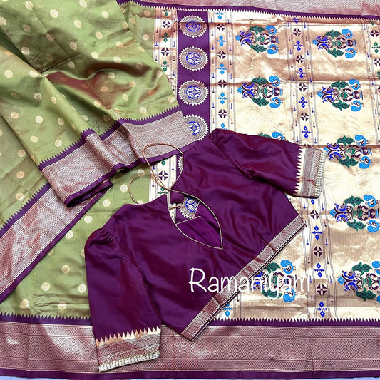 Olive green and wine purple maharani Paithani saree