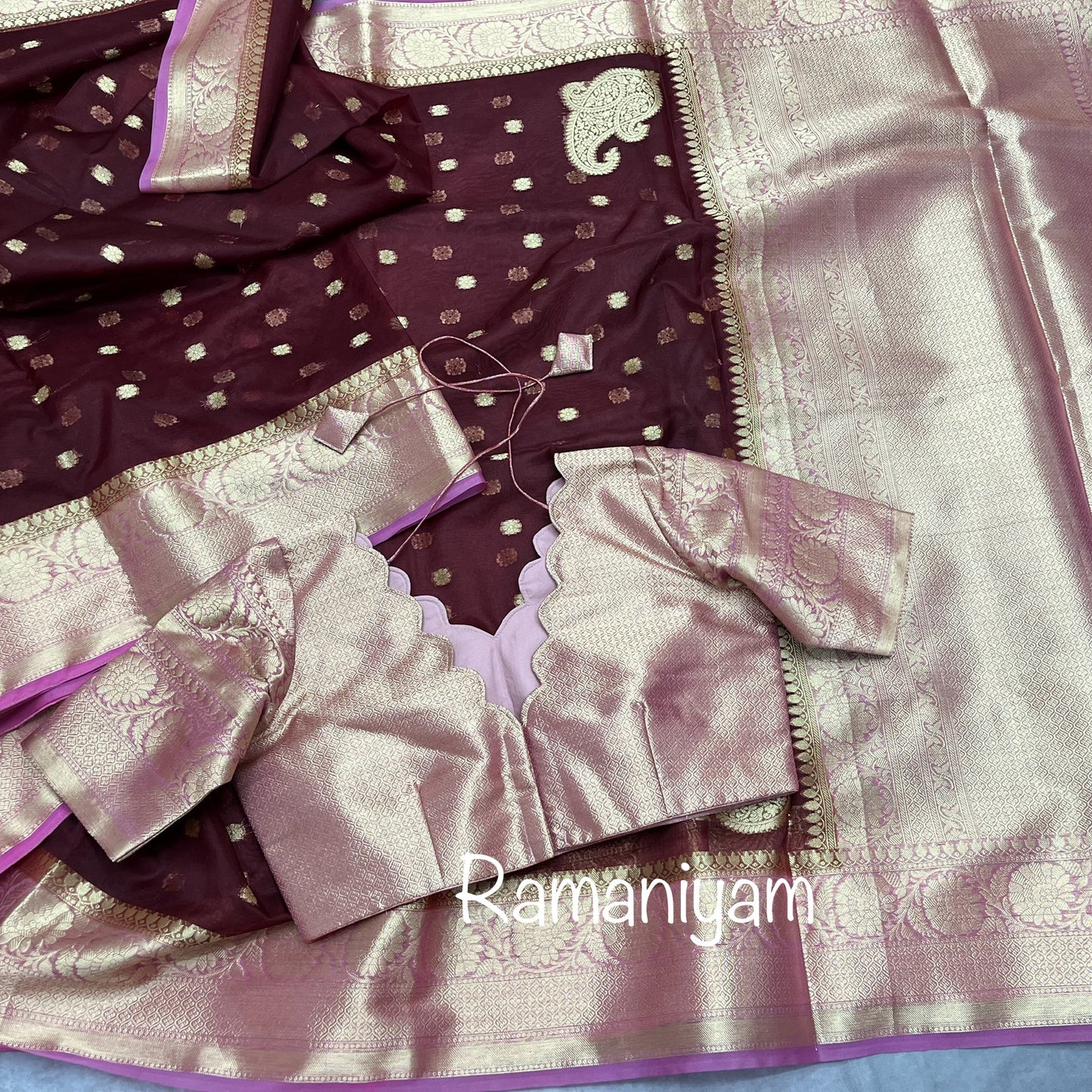 Maroon and rose pink Banarasi kora saree