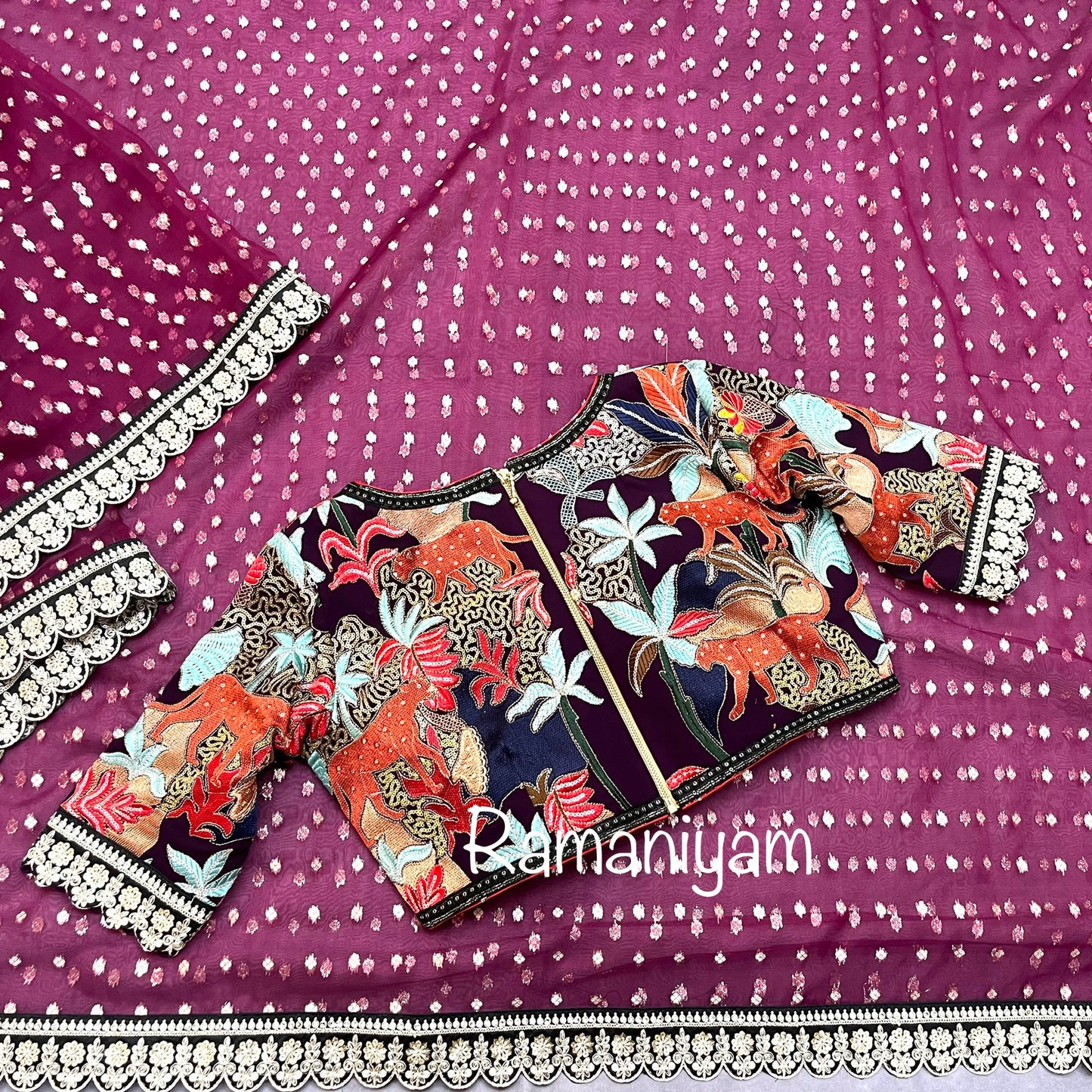 Magenta organza saree Sabhyasachi inspired Indian jungle concept thread work blouse