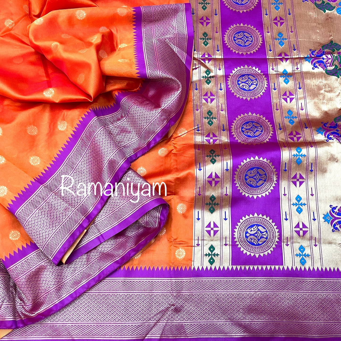 Orange and purple-pink combination Maharani Paithani saree