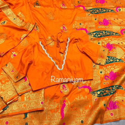 Orange Dola silk saree scalloped v neck blouse