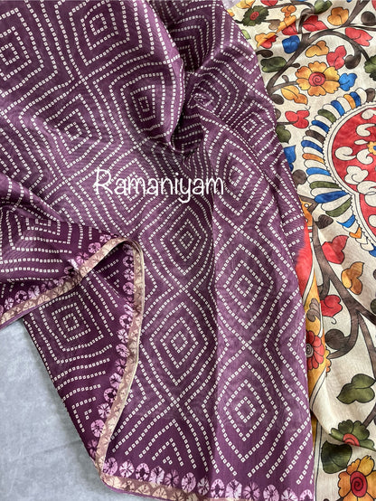 Wine color Organza Bandhani saree with a Kalamkari pallu