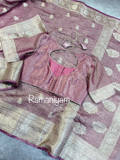 Rose gold banarasi tissue silk saree