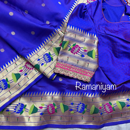 Royal blue lotus border paithani saree with hand work blouse