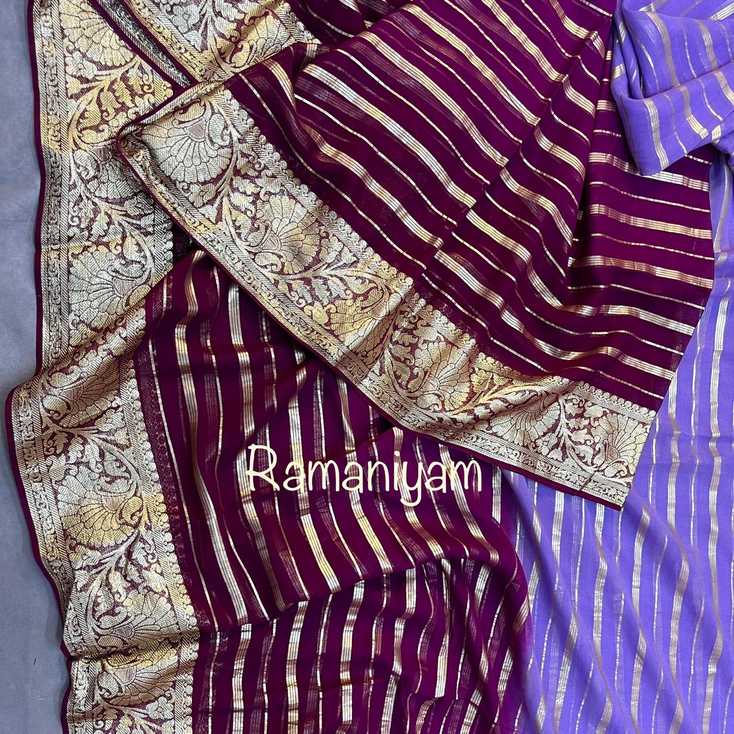 Dual shade of purple and lavender Banarasi georgette saree and velvet blouse