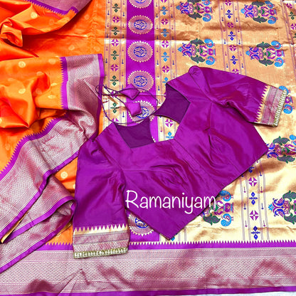 Orange and purple-pink combination Maharani Paithani saree