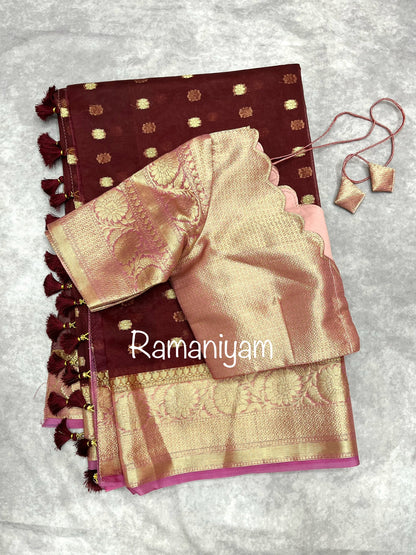 Maroon and rose pink Banarasi kora saree