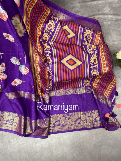 Purple floral print tussar saree